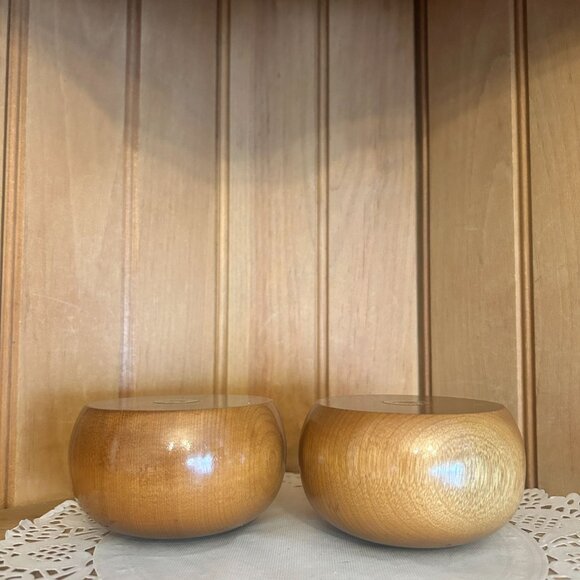 SOLD Myrtle Wood MCM Round Candle Holders Brass Inserts Taper Candleholders - Picture 4 of 5